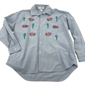 Casey Coleman Light Blue Embroidered Armadillo Cactus Long Sleeve Button Up